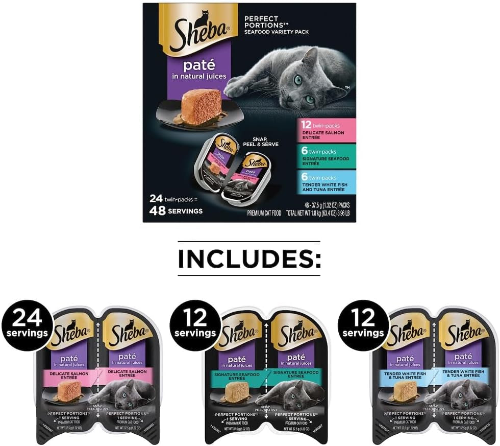 Perfect Portions Wet Cat Food Pate with Sustainable Salmon, Signature Seafood Entree, and Tender White Fish and Tuna Entree Variety Pack, 2.6 Oz. Twin Pack Trays (24 Count, 48 Servings)